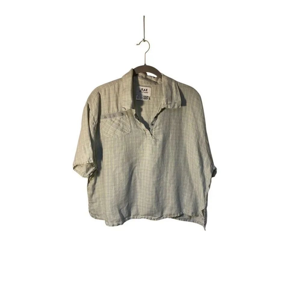 Flax by Jeanne Englehart striped green blue and yellow lagenlook linen top M